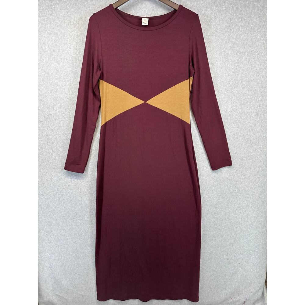 CW Dress Midi Sz Medium Long Sleeve Maroon Tan Geometric Colorblock Mod Style